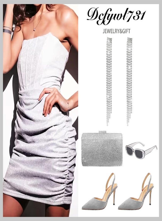 Dcfywl731 Rhinestone Earrings Prom Earrings for Women Bling Sparkly Long Tassel Chandelier Earring Wedding Party Prom Dresses Outfit Jewerly Gifts - Image 5