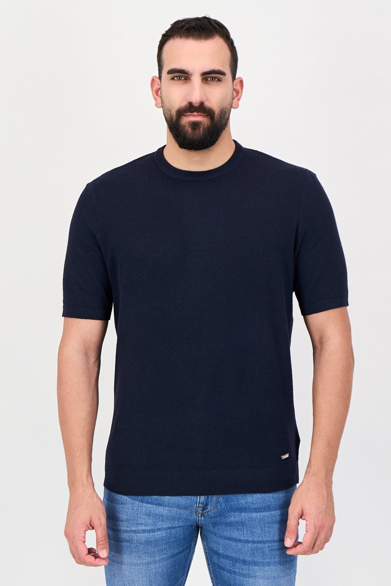 Threadbare Men Crew Neck Short Sleeve Textured T-Shirt, Navy - Image 1