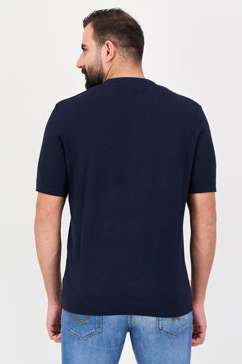 Threadbare Men Crew Neck Short Sleeve Textured T-Shirt, Navy - Image 3
