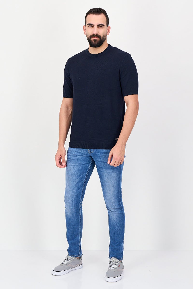 Threadbare Men Crew Neck Short Sleeve Textured T-Shirt, Navy - Image 4
