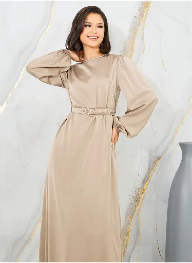 Styli Satin Embellished Buckle Belted A-Line Maxi Dress