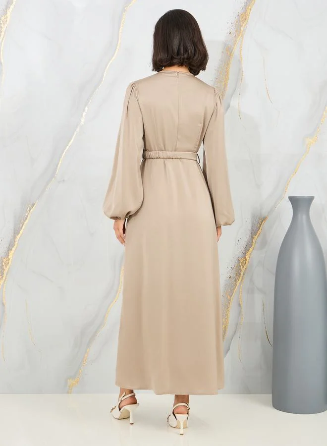 ستايلي Satin Embellished Buckle Belted A-Line Maxi Dress