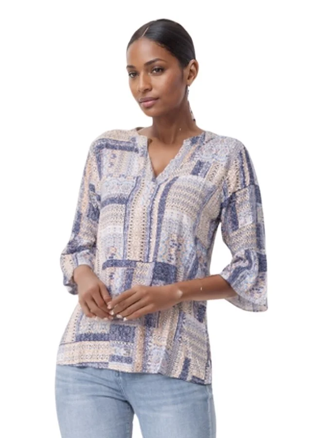 HaILYS Boho Patchwork Print V-Neck Blouse - Casual 3/4 Sleeve Top