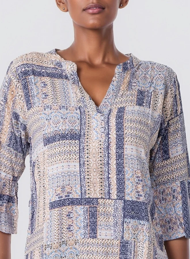 HaILYS Boho Patchwork Print V-Neck Blouse - Casual 3/4 Sleeve Top