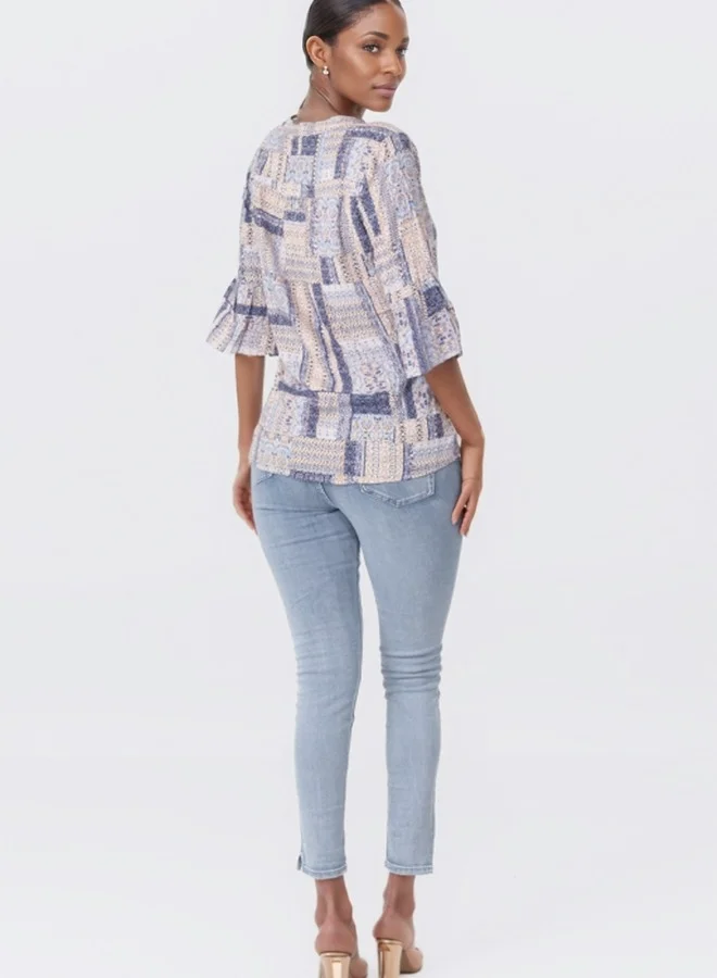 HaILYS Boho Patchwork Print V-Neck Blouse - Casual 3/4 Sleeve Top