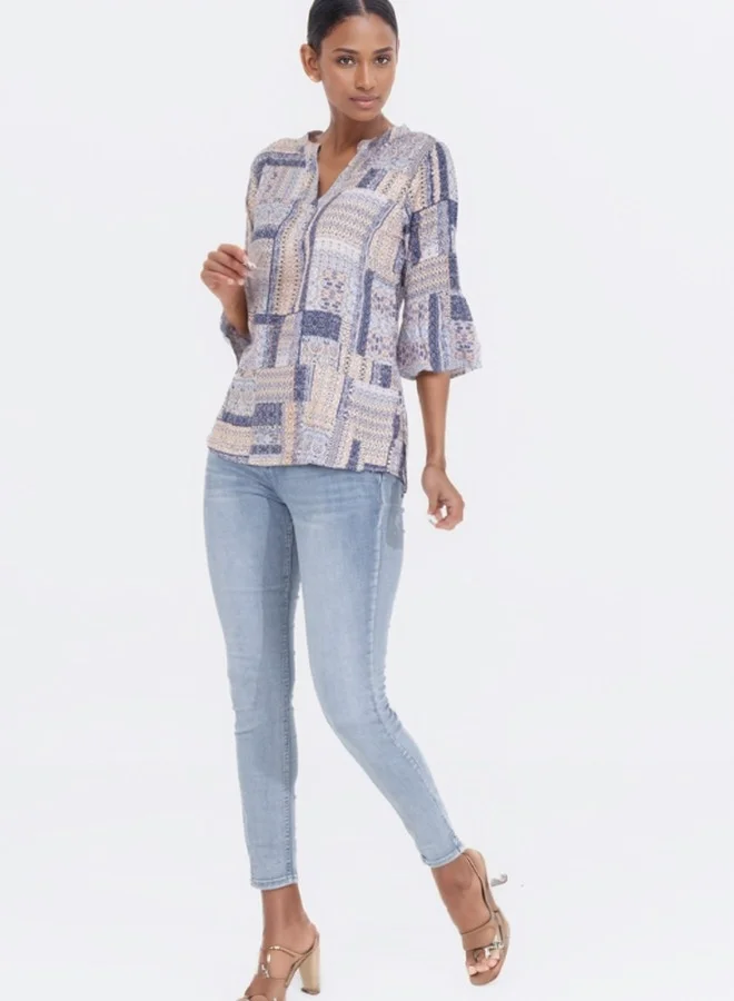HaILYS Boho Patchwork Print V-Neck Blouse - Casual 3/4 Sleeve Top