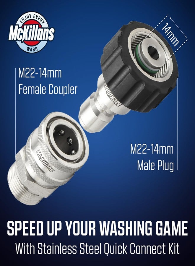 McKillans® M22-14mm Pressure Washer Quick Connect Pair - M22 to 3/8 Quick Connect Pressure Washer Fittings - Power Washer Accessories - Quick Connect Hose Fittings - Hose Adapter Set (Stainless Steel) - Image 2
