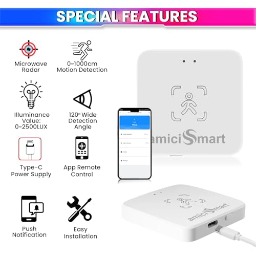 amiciSmart 24G Radar Human Presence Detector, mmWave Motion Sensor- Smart Life App Compatible | Automate Customized Scenes | Photocell Sensor for Light Intensity Detection - Image 2