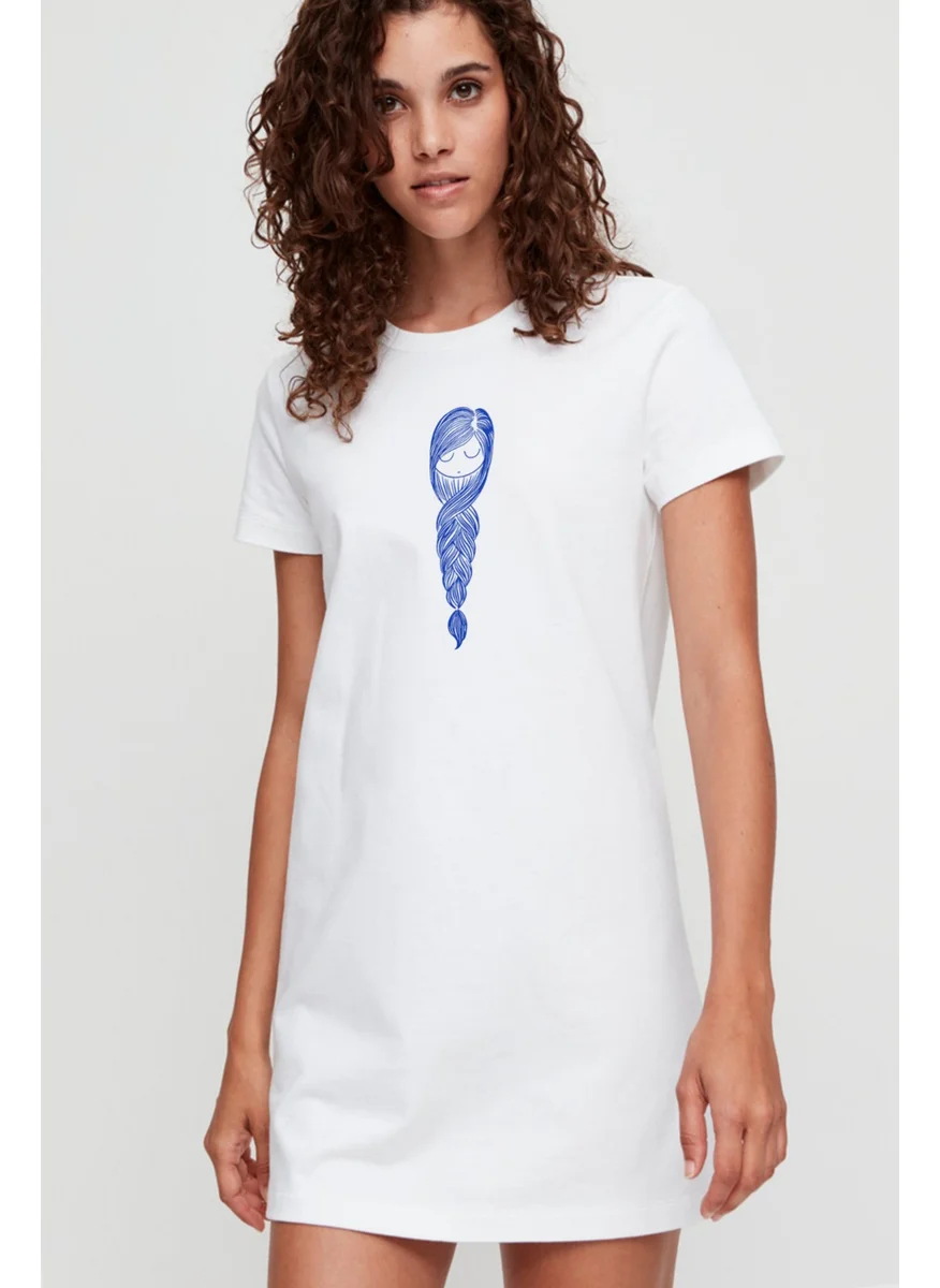 Rock&Roll Braided Hair White Short Sleeve Combed Cotton T-Shirt Dress