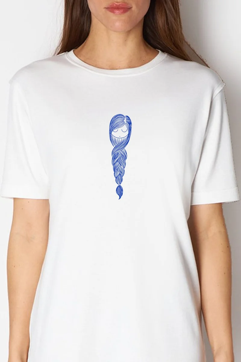 روك اند رول Braided Hair White Short Sleeve Combed Cotton T-Shirt Dress