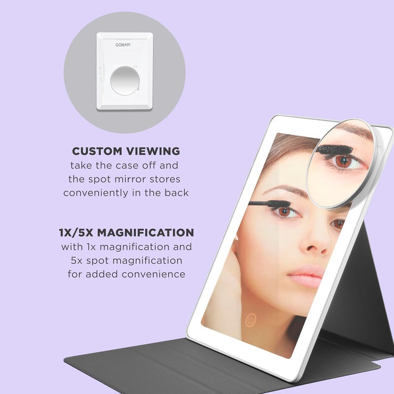 CONAIR مرآة مكياج مضاءة من كونير LED مرآة تجميل 1X5X مرآة مكبرة قابلة للطي مع حقيبة تعمل بالبطارية وقابلة لإعادة الشحن باللون الأبيض - Image 4