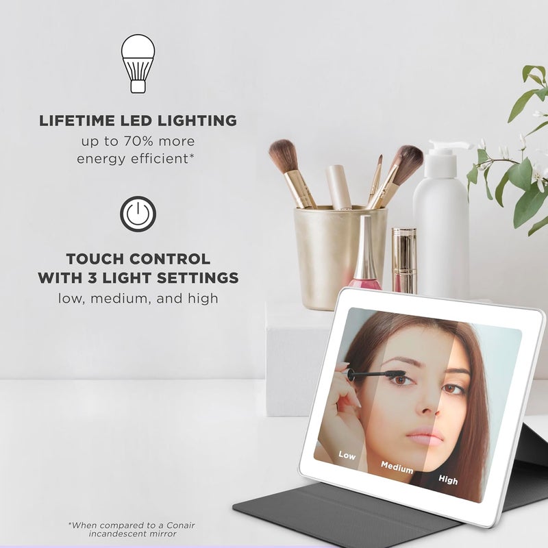 CONAIR مرآة مكياج مضاءة من كونير LED مرآة تجميل 1X5X مرآة مكبرة قابلة للطي مع حقيبة تعمل بالبطارية وقابلة لإعادة الشحن باللون الأبيض - Image 2