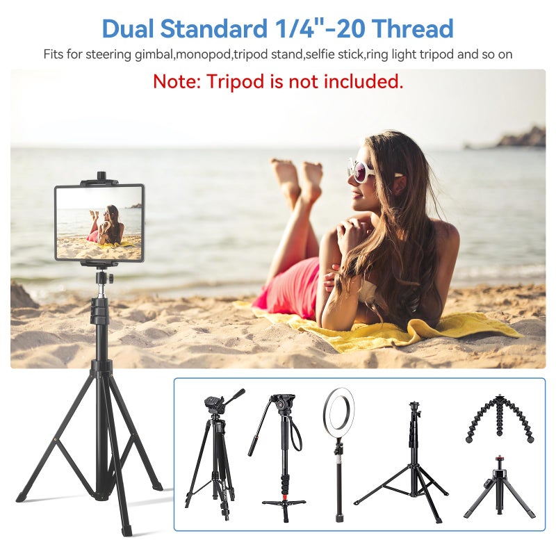 KDD iPad and Phone Tripod Mount Adapter with Ball Head, iPad Holder for Tripod, 360 Rotatable Tablet Clamp Mount fits iPad Pro 12.9, Air Mini 3 4, Galaxy Tab, Surface Pro, Selfie Stick(5.3-10.6") - Image 4
