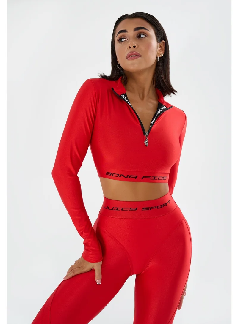 Bona Fide Premium Long Sleeve Quarter-Zip Workout Crop Top for Women - Compression Athletic Rashguard for Gym, Running & Fitness - Breathable Performance Sportswear - Vibrant Red