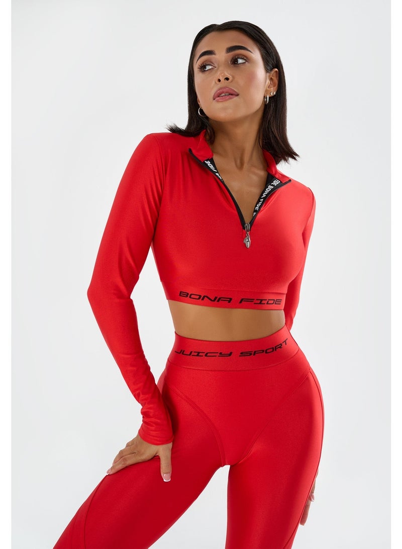 Bona Fide Premium Long Sleeve Quarter-Zip Workout Crop Top for Women - Compression Athletic Rashguard for Gym, Running & Fitness - Breathable Performance Sportswear - Vibrant Red - Image 1