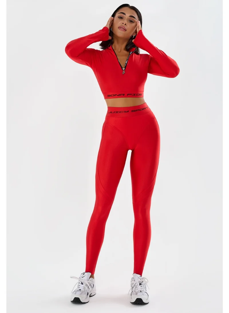 Bona Fide Bona Fide Premium Long Sleeve Quarter-Zip Workout Crop Top for Women - Compression Athletic Rashguard for Gym, Running & Fitness - Breathable Performance Sportswear - Vibrant Red