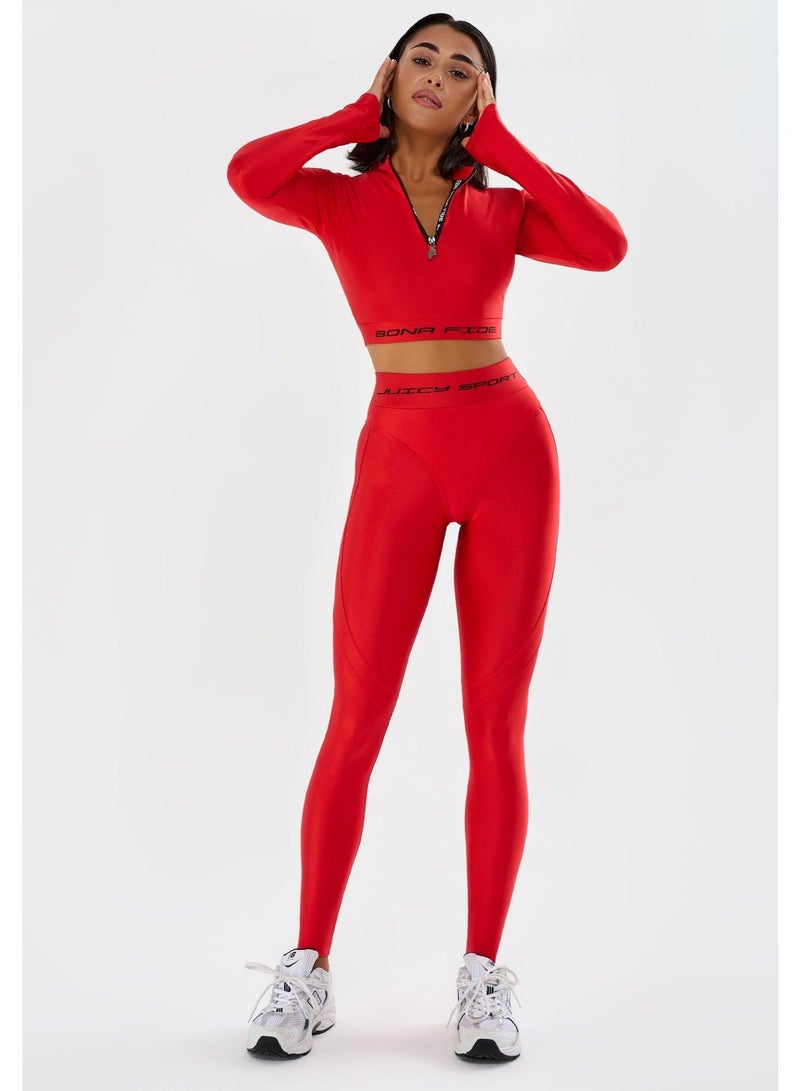 Bona Fide Premium Long Sleeve Quarter-Zip Workout Crop Top for Women - Compression Athletic Rashguard for Gym, Running & Fitness - Breathable Performance Sportswear - Vibrant Red - Image 2