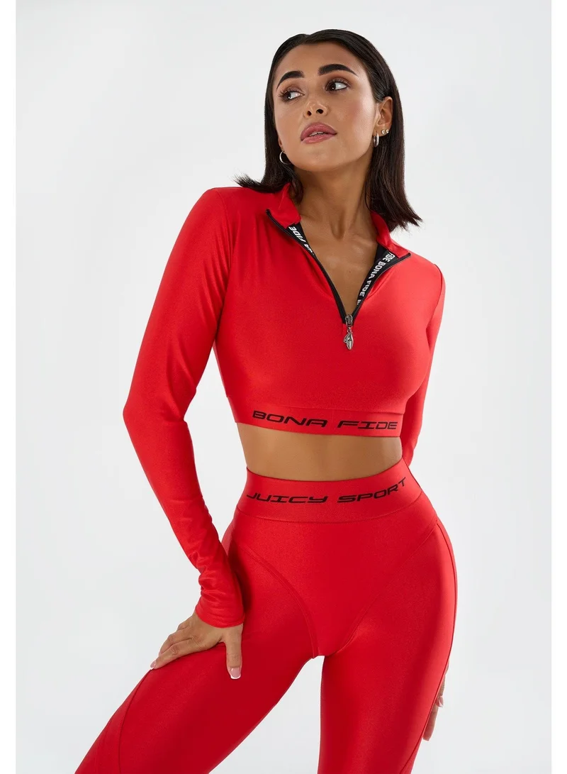 Bona Fide Bona Fide Premium Long Sleeve Quarter-Zip Workout Crop Top for Women - Compression Athletic Rashguard for Gym, Running & Fitness - Breathable Performance Sportswear - Vibrant Red