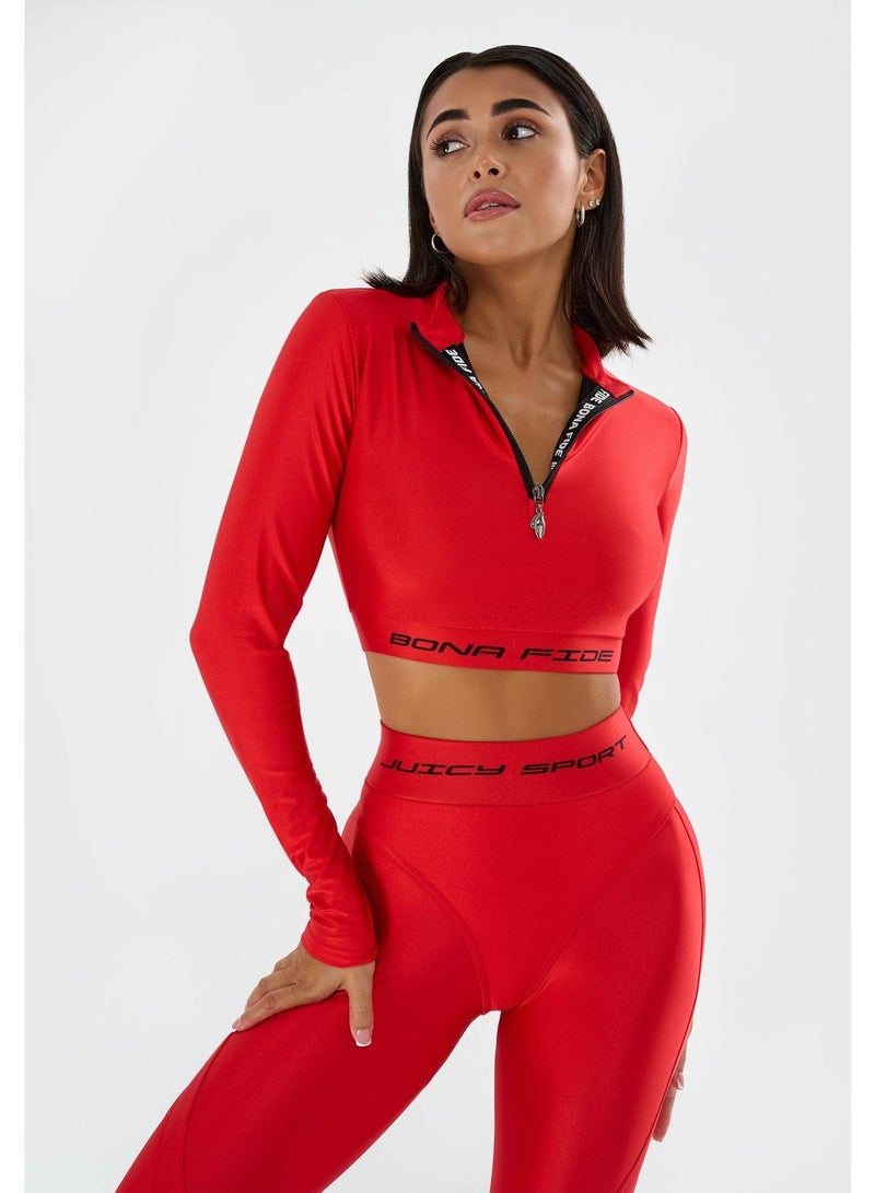 Bona Fide Premium Long Sleeve Quarter-Zip Workout Crop Top for Women - Compression Athletic Rashguard for Gym, Running & Fitness - Breathable Performance Sportswear - Vibrant Red - Image 1