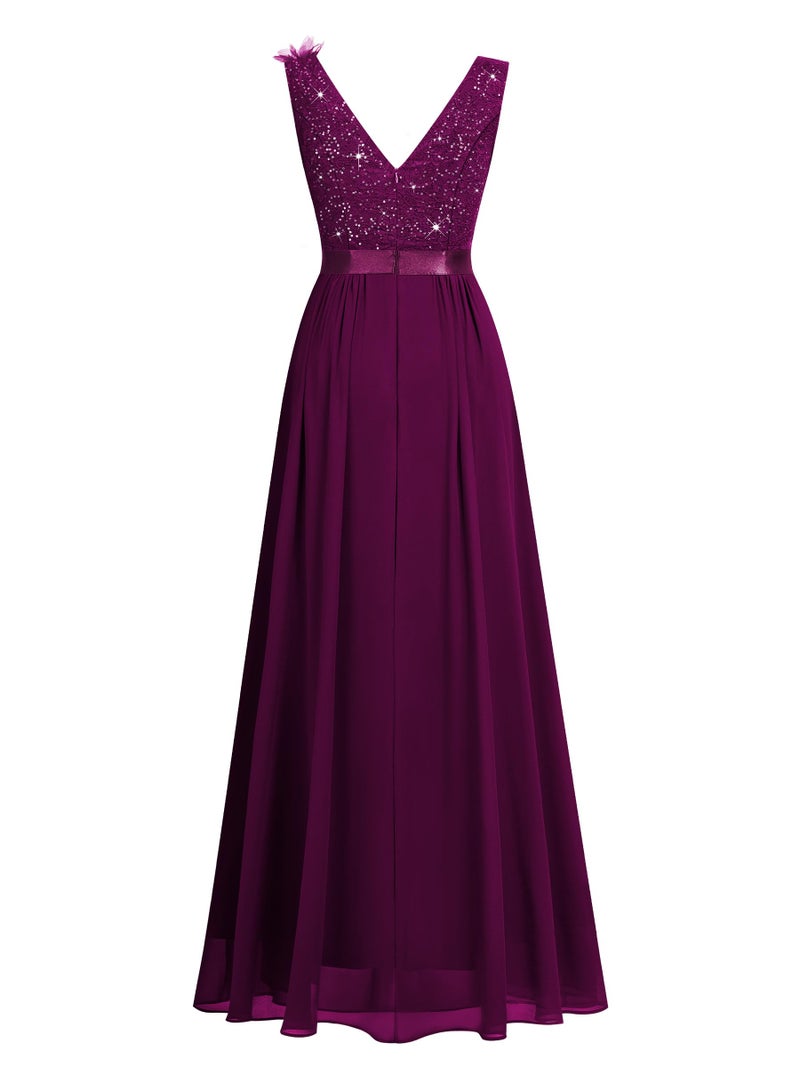 Miusol Women's Vintage V-Neck Sleeveless Sequined Split Formal Evening Maxi Dress (Medium, Maroon) - Image 5
