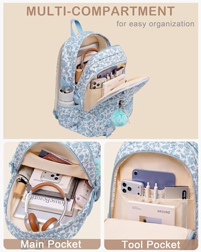 Hidds School Backpack for Teens Girls Women 15.6 Inch Laptop College Backpacks Corduroy Work Bag Kids Elementary Middle High School Bookbag Students Back Pack Anti Theft Travel Daypack Womens-Blue Floral - Image 3