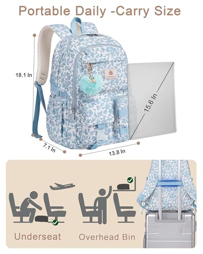 Hidds School Backpack for Teens Girls Women 15.6 Inch Laptop College Backpacks Corduroy Work Bag Kids Elementary Middle High School Bookbag Students Back Pack Anti Theft Travel Daypack Womens-Blue Floral - Image 5