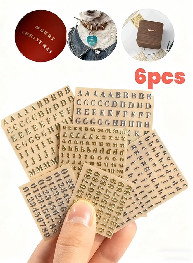 Happy D 6 Sheets 0.12inch Alphabet Number Stickers Mini Letters Stickers Glitter Alloy Self Adhesive Stickers for Epoxy Resin Casting Decoration DIY Crafts Scrapbook, Golden/Silvery, 3mm - Image 1