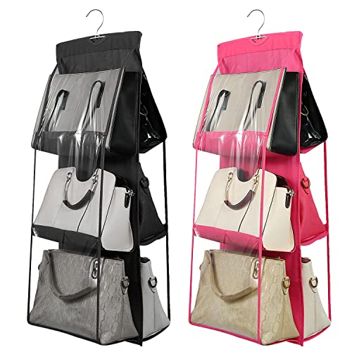 OxbOw 2Pcs Combo 6 Pocket Handbag Organizer, Bag Organiser For Ladies Handbags, Purse Organiser For Handbag, Closet Organizer For Wardrobe, Tote Bag Hanger, 90 X 35 X 35 Cm (Black+Pink) - Image 1