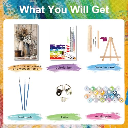 xackcme Vintage Flower Paint by Numbers for Adults with Framed Canvas - with Wooden Easel, Rustic Flowers Paint by Number on Canvas, DIY Acrylic Oil Painting Kits with Brushes for Home Wall Decor (8x12 inch) - Image 4