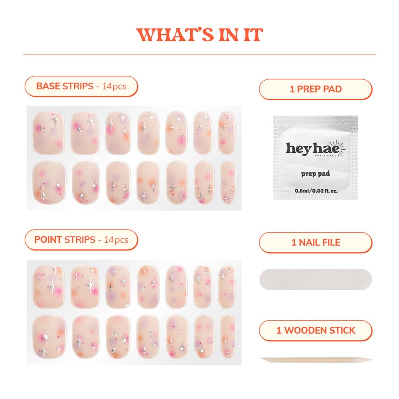 Heyhae Semi Cured Gel Nail Strips | No LED Lamp Needed | Summer, Aura, Pink | Easy Apply & Remove, Salon Quality |Includes 28 Strips, 1 Prep Pads,Nail File&Wooden stick-Hey, Shining Just for Me? - Image 3