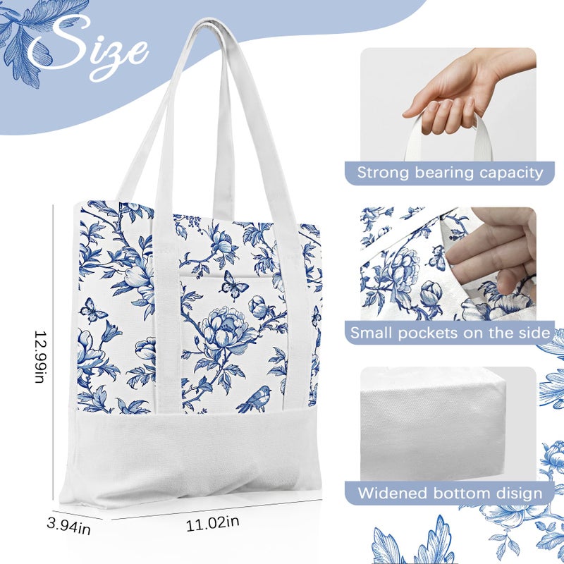 Kuabiz 6 Pcs Mini Floral Canvas Tote Bag for Women Blue and White Tote Bag Aesthetic Reusable Chinoiserie Grocery Bags for Travel Shopping - Image 4