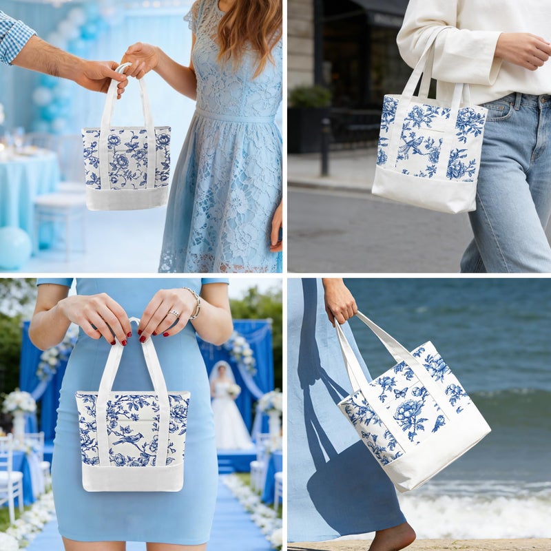 Kuabiz 6 Pcs Mini Floral Canvas Tote Bag for Women Blue and White Tote Bag Aesthetic Reusable Chinoiserie Grocery Bags for Travel Shopping - Image 5