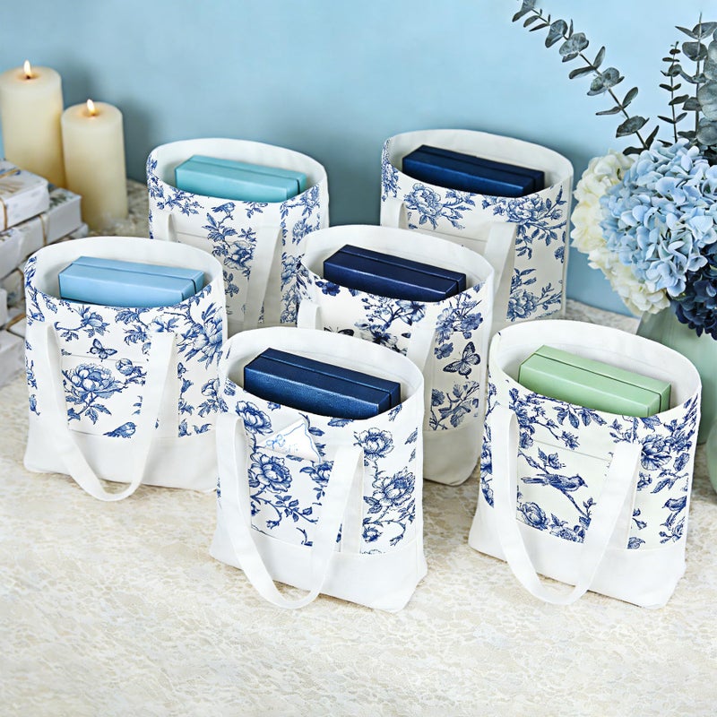 Kuabiz 6 Pcs Mini Floral Canvas Tote Bag for Women Blue and White Tote Bag Aesthetic Reusable Chinoiserie Grocery Bags for Travel Shopping - Image 3