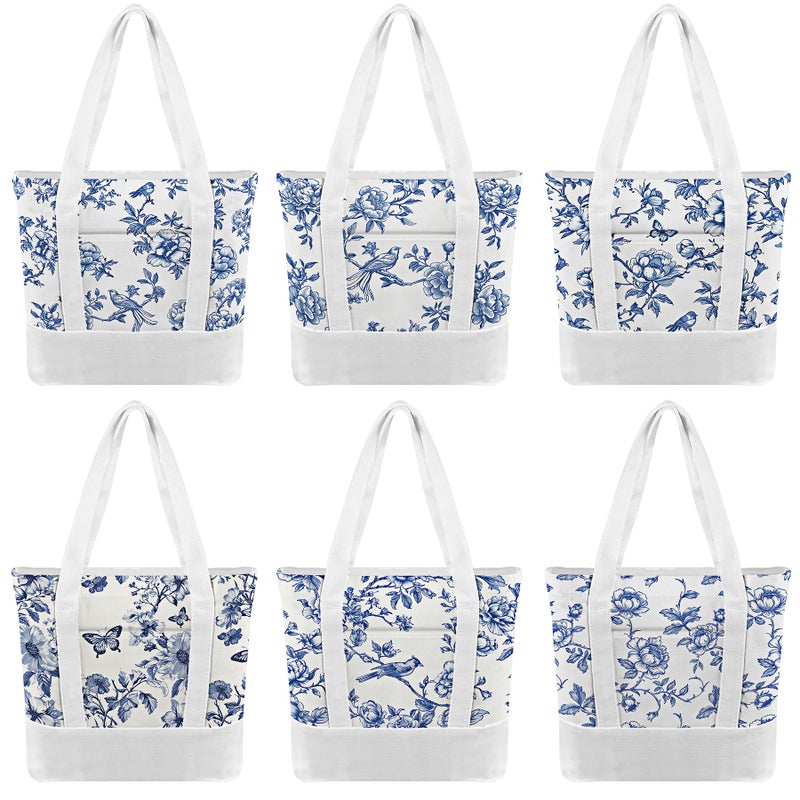 Kuabiz 6 Pcs Mini Floral Canvas Tote Bag for Women Blue and White Tote Bag Aesthetic Reusable Chinoiserie Grocery Bags for Travel Shopping - Image 1