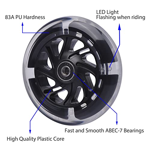 Gladeer 120mm Light Up Flashing Scooter Front Replacement Wheels w/Bearings for Kids 3-Wheeled Kick Scooters (Black) - Image 2