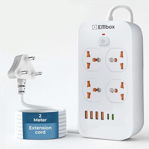 Embox Extension Board with USB Type C | Extension Board with Switches 6A Spike Guard 4 Universal Sockets 2500W Extension Cord | Safety Shutter LED Indicator, 2meter - Image 1