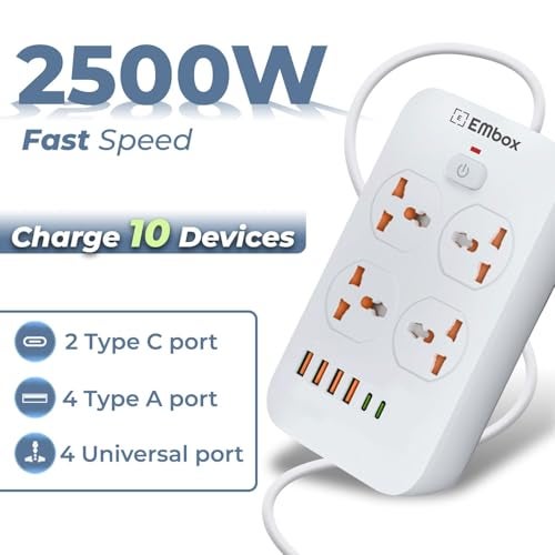 Embox Extension Board with USB Type C | Extension Board with Switches 6A Spike Guard 4 Universal Sockets 2500W Extension Cord | Safety Shutter LED Indicator, 2meter - Image 2
