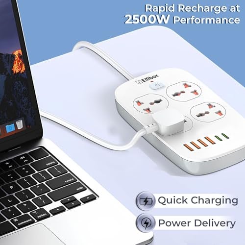 Embox Extension Board with USB Type C | Extension Board with Switches 6A Spike Guard 4 Universal Sockets 2500W Extension Cord | Safety Shutter LED Indicator, 2meter - Image 5