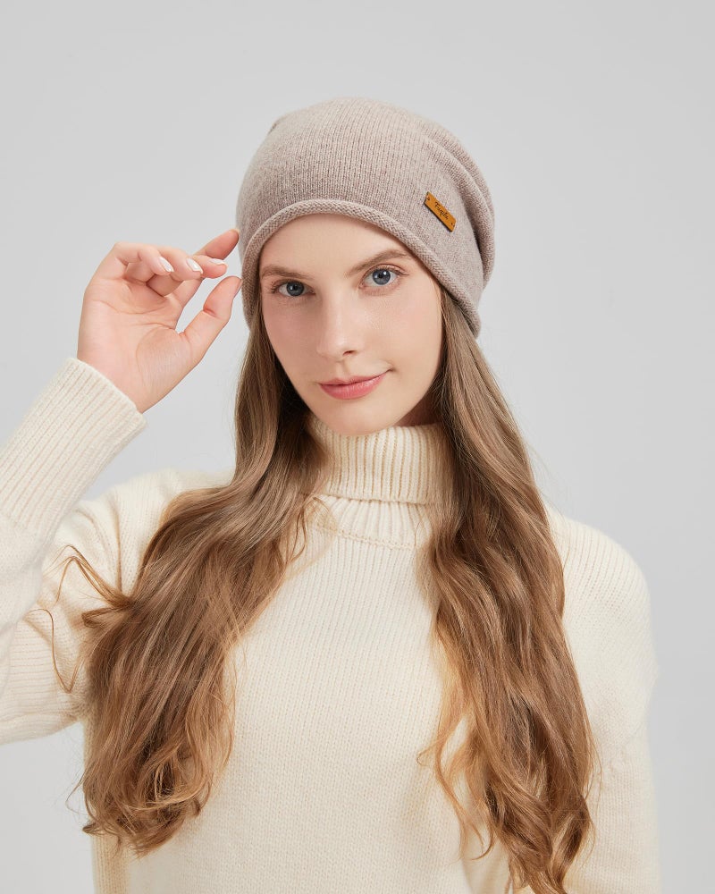 FUQILA 100% Merino Wool Slouchy Beanie Hat, Women Warm Winter Caps Soft, Ladies Breathable & Cozy Stretchy Knitted Skull Cap (US, Alpha, One Size, Light Camel) - Image 4