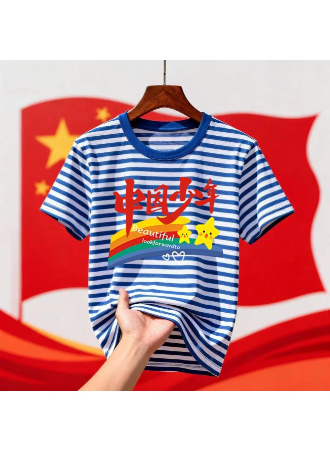 Primary And Middle School Students Red Scarf Activity Class Clothes National Day Family Clothes Pure Cotton Sea Soul Shirt T-shirt Short Sleeve Blue And White Striped Trendy
