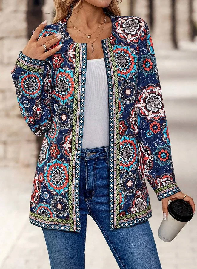 Take Two Take Two Women Blue All-Over Print Open Front Kimono