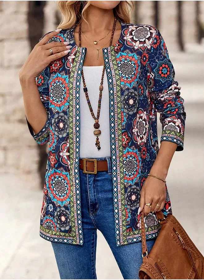 Take Two Take Two Women Blue All-Over Print Open Front Kimono