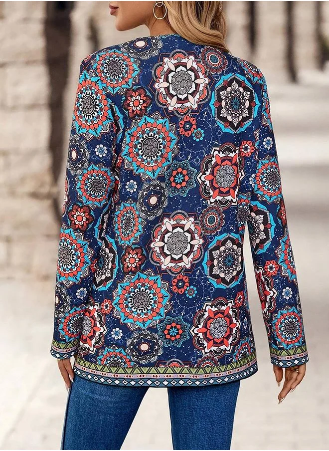 Take Two Take Two Women Blue All-Over Print Open Front Kimono