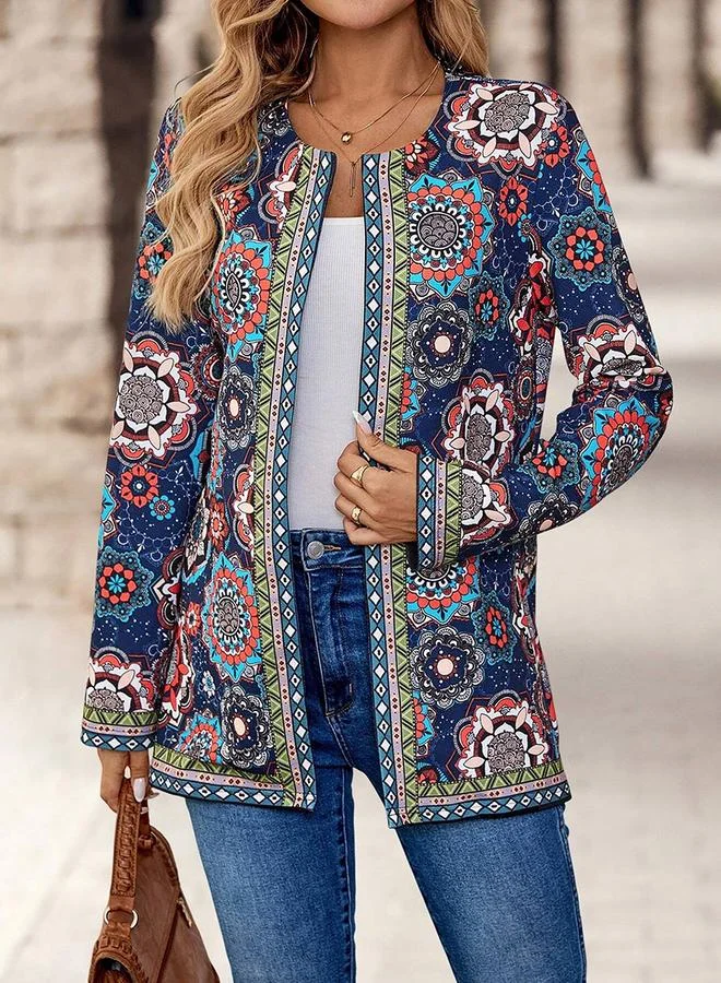 Take Two Take Two Women Blue All-Over Print Open Front Kimono