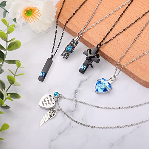 Jexine 10 Pcs Urn Necklace For Ashes Cremation Jewelry Wings Tear Drop Cross Crystal Ashes Necklace Stainless Steel Zircon Memorial Locket Vertical Bar Heart Waterproof Keepsake For MenLake Blue - Image 3