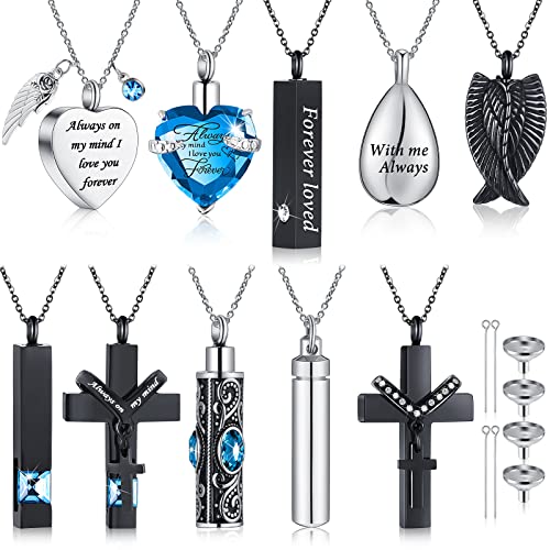 Jexine 10 Pcs Urn Necklace For Ashes Cremation Jewelry Wings Tear Drop Cross Crystal Ashes Necklace Stainless Steel Zircon Memorial Locket Vertical Bar Heart Waterproof Keepsake For MenLake Blue - Image 1