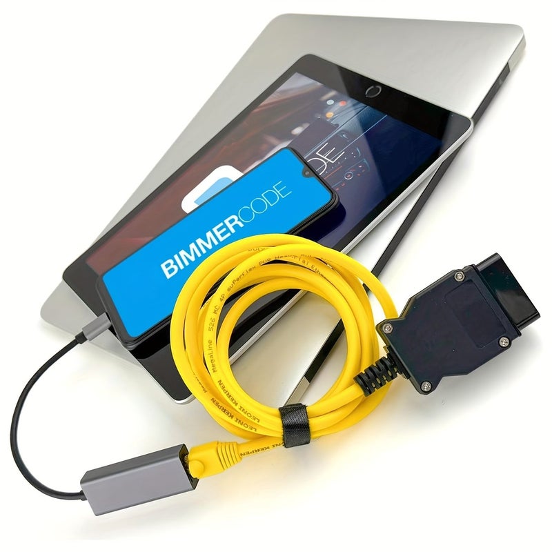 كابل OBD2 أصلي من نوع OEM لبرمجة سيارات بي إم دبليو من سلاسل F, G, I بطول 78.74 بوصة باللون الأصفر، متوافق مع برامج E Sys و Ista Plus و Icom و Bootmod3 و Bimmercode، كابل متين لتفعيل Carplay، ولا يحتاج إلى بطارية. - Image 1