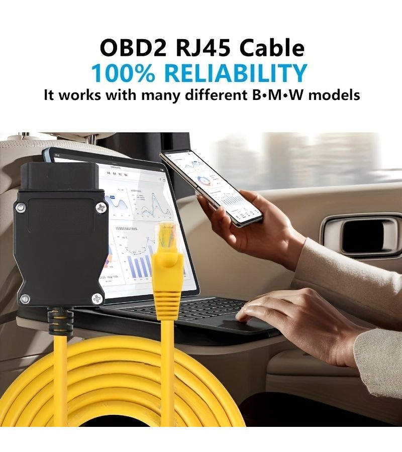 كابل OBD2 أصلي من نوع OEM لبرمجة سيارات بي إم دبليو من سلاسل F, G, I بطول 78.74 بوصة باللون الأصفر، متوافق مع برامج E Sys و Ista Plus و Icom و Bootmod3 و Bimmercode، كابل متين لتفعيل Carplay، ولا يحتاج إلى بطارية. - Image 3
