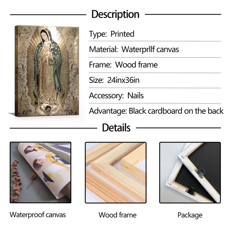 AKOTAC Large Framed Our Lady of Guadalupe Portrait Canvas Wall Art Decor Virgin Mary Wall Art Virgen De Guadalupe Cuadros De La Virgen De Guadalupe Poster Prints Pictures Artwork Painting Sculpture Catholic - Image 5