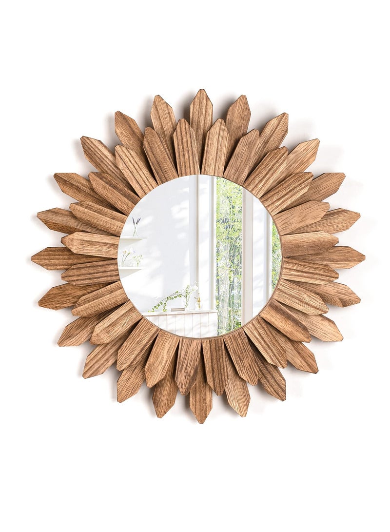 12 Inch Boho Sunburst Mirror Rustic Round Wood Decorative Wall Art for Entryway Bedroom Living Room Carbonized Black  - Image 1